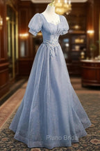 Cute Shiny Tulle Long Formal Prom Dresses, A-Line Short Sleeve Evening Party Dresses