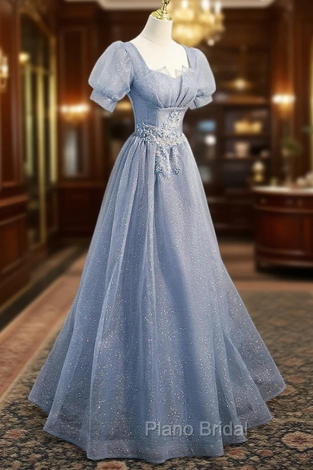 Cute Shiny Tulle Long Formal Prom Dresses, A-Line Short Sleeve Evening Party Dresses