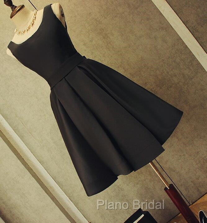 Cute Short Black Satin Knee Length Homecoming Dresses, Black Party Dresses