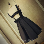 Cute Short Black Satin Knee Length Homecoming Dresses, Black Party Dresses