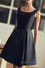 Cute Short Black Satin Knee Length Homecoming Dresses, Black Party Dresses