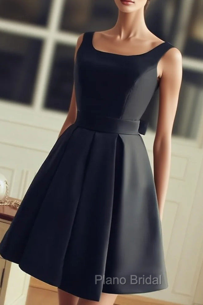 Cute Short Black Satin Knee Length Homecoming Dresses, Black Party Dresses Main image
