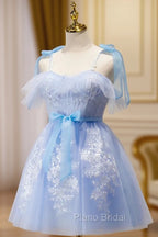 Cute Short Blue Lace Formal Prom Dresses, Short Blue Lace Formal Graduation Dresses