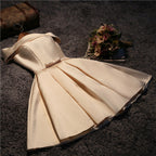 Cute Short Champagne Satin Party Dresses,Off Shoulder Formal Prom Dresses
