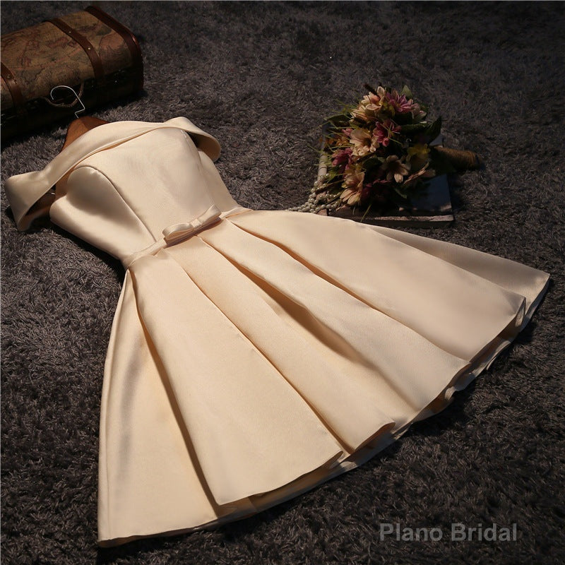 Cute Short Champagne Satin Party Dress,Off Shoulder Prom Dresses