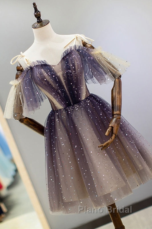 Cute Short Gradient Tulle Straps Homecoming Dresses, Short Formal Prom Dressess