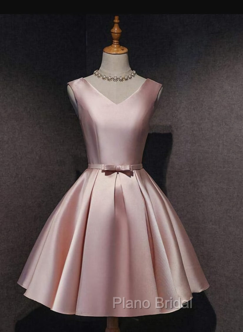 Cute Short Satin Pink V-neckline Knee Length Party Dresses, Pink Formal Prom Dresses Homecoming Dresses Secondary image