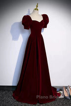 Cute Short Sleeves Burgundy Long Formal Prom Dresses