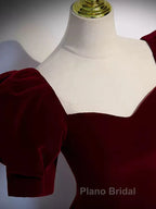 Cute Short Sleeves Burgundy Long Formal Prom Dresses
