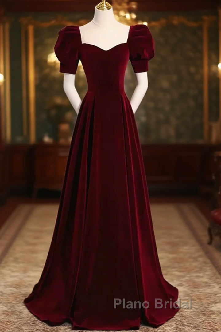 Cute Short Sleeves Burgundy Long Formal Prom Dresses