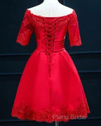 Cute Short Sleeves Satin Knee Length Party Dresses, Short Homecoming Dresses