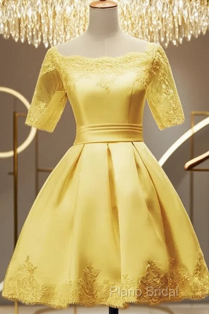 Cute Short Sleeves Satin Knee Length Party Dresses, Short Homecoming Dresses Main image