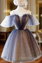 Cute Short Tulle Lace Spaghetti-Straps V-Neck Formal Prom Dresses, Homecoming Dresses