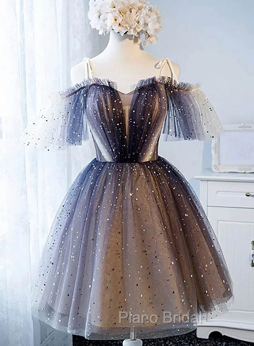 Cute Short Tulle Lace Spaghetti-Straps V-Neck Formal Prom Dresses, Homecoming Dresses Secondary image