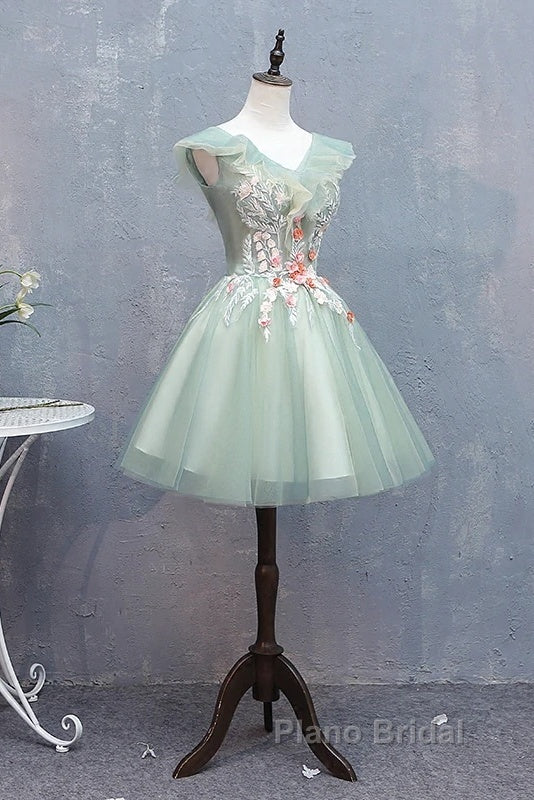 Cute Short Tulle V-Neckline With Flower Lace Party Dresses Homecoming Dresses, Short Formal Dresses