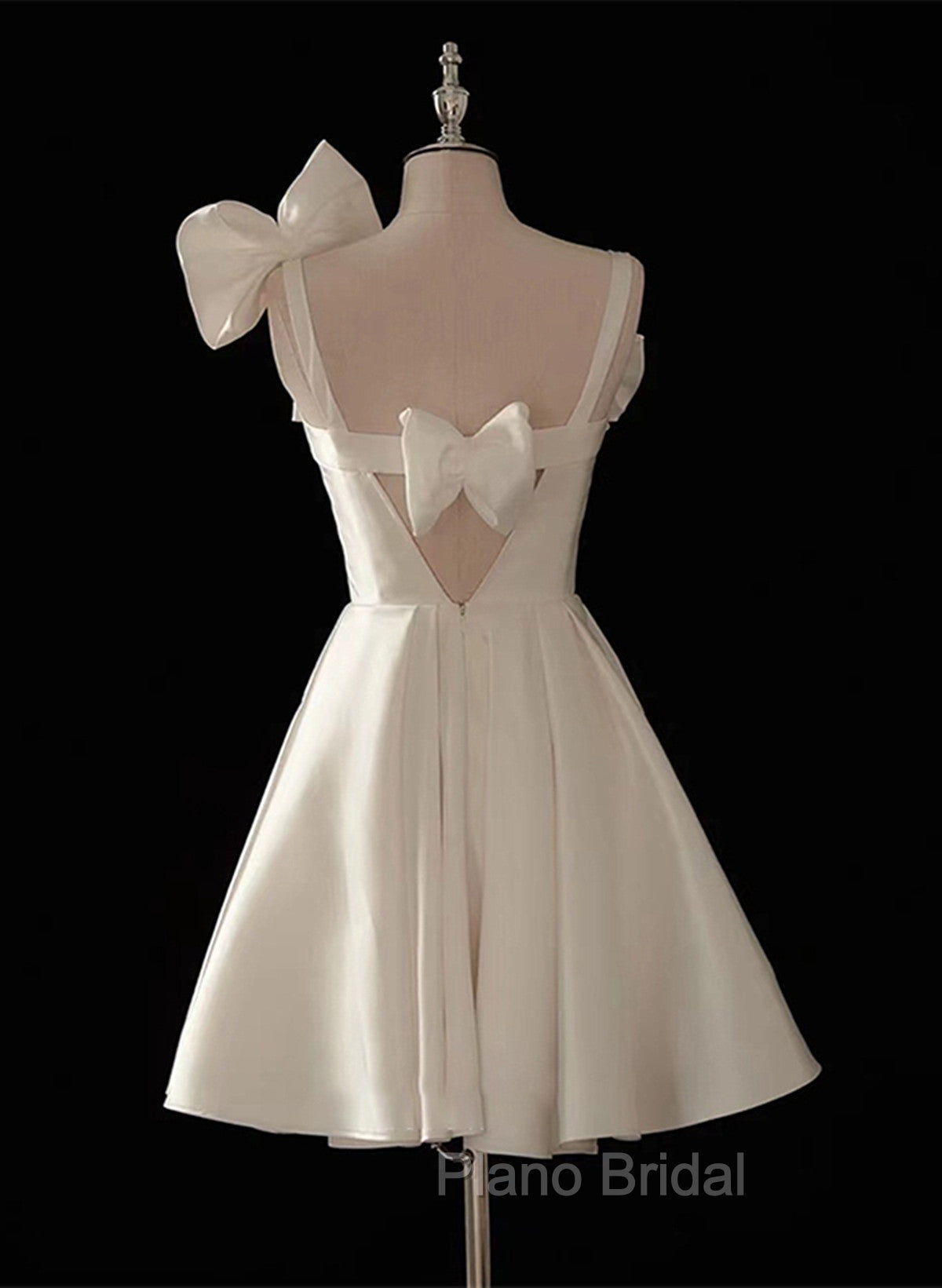 Cute Short White Satin Knee Length Party Dresses with Bow, White Graduation Dresses Secondary image
