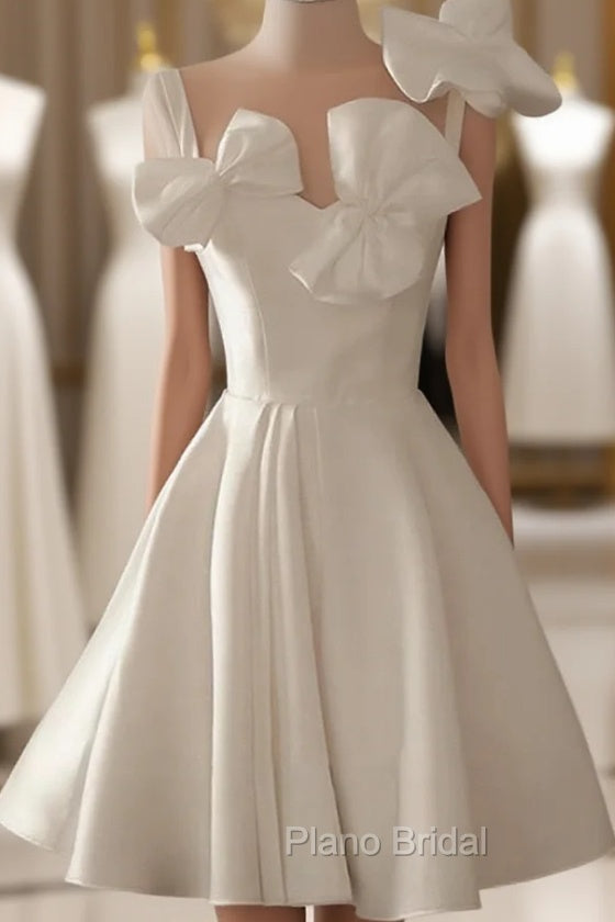 Cute Short White Satin Knee Length Party Dresses with Bow, White Graduation Dresses Main image