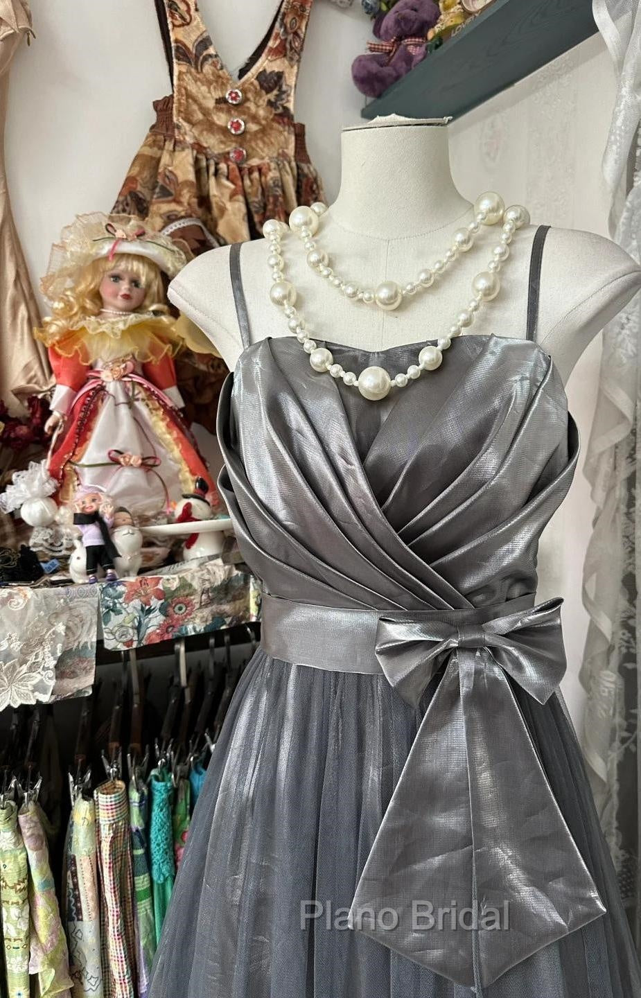 Cute Silver Grey A-Line Spaghetti Straps Tulle Satin Long Formal Prom Dresses Gorgeous Birthday Dresses Evening Dresses Secondary image