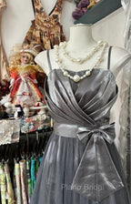 Cute Silver Grey A-Line Spaghetti Straps Tulle Satin Long Formal Prom Dresses Gorgeous Birthday Dresses Evening Dresses