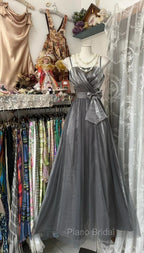 Cute Silver Grey A-Line Spaghetti Straps Tulle Satin Long Formal Prom Dresses Gorgeous Birthday Dresses Evening Dresses