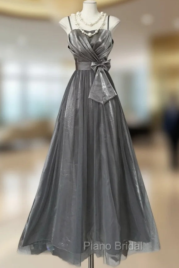 Cute Silver Grey A-Line Spaghetti Straps Tulle Satin Long Formal Prom Dresses Gorgeous Birthday Dresses Evening Dresses Main image