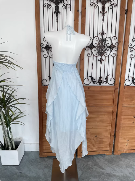 Cute Sky Blue Halter Neck Ruched Ruffled Chiffon Long Formal Prom Dresses Secondary image