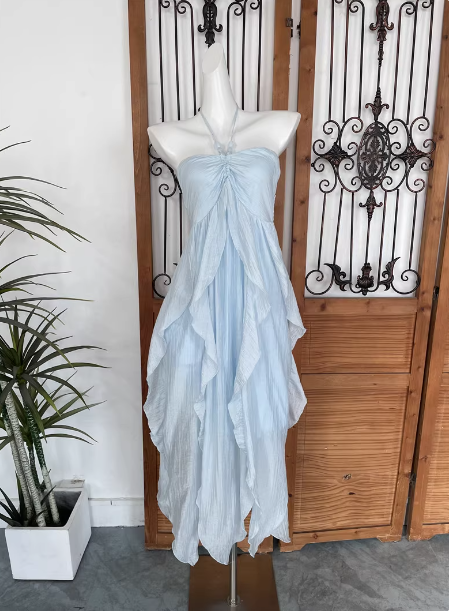 Cute Sky Blue Halter Neck Ruched Ruffled Chiffon Long Formal Prom Dresses Main image