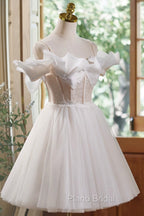 Cute Spaghetti Strap Tulle Lace Homecoming Dresses, Off Shoulder Short Formal Prom Dresses