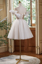 Cute Spaghetti Strap Tulle Lace Homecoming Dresses, Off Shoulder Short Formal Prom Dresses