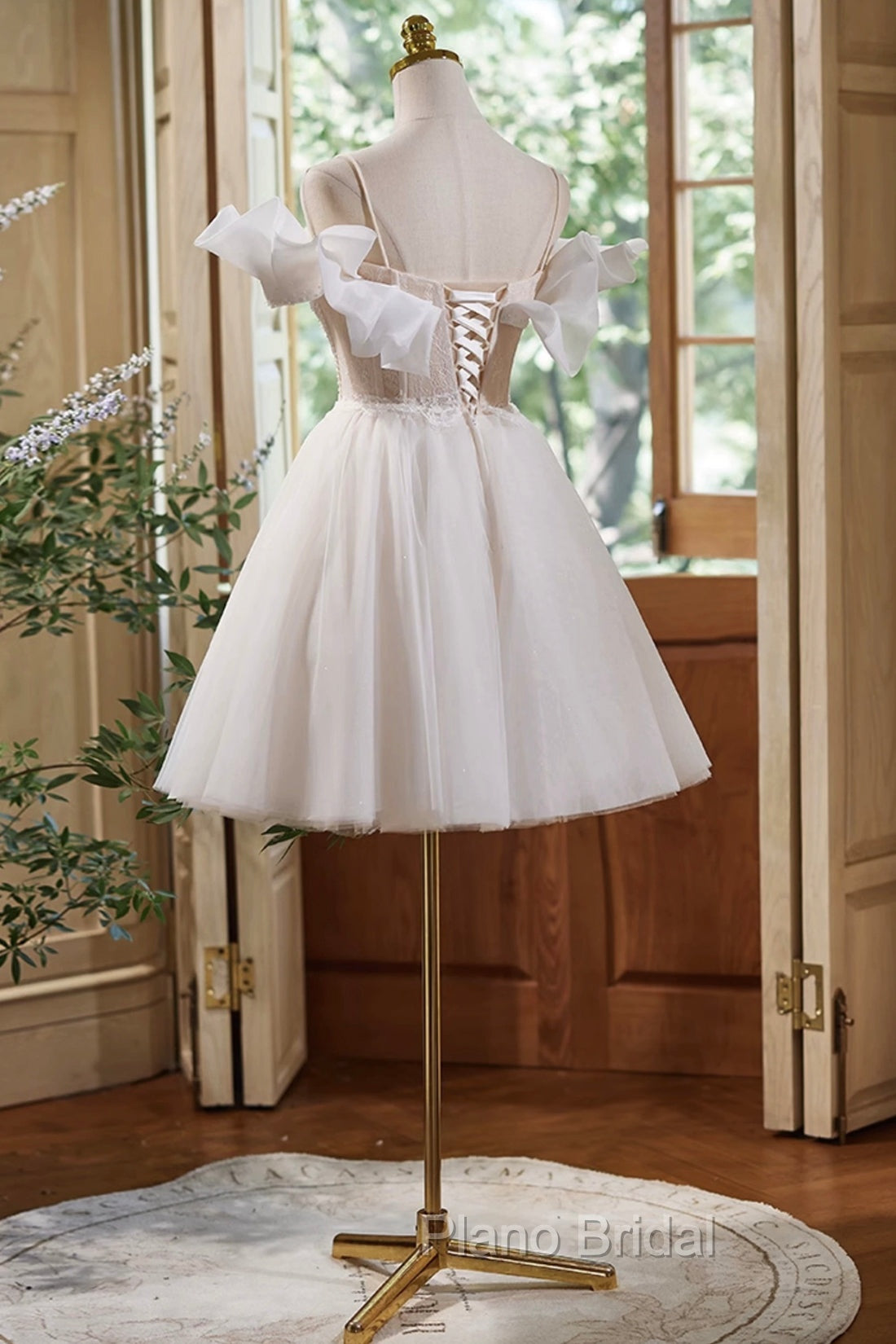 Cute Spaghetti Strap Tulle Lace Homecoming Dresses, Off Shoulder Short Formal Prom Dresses