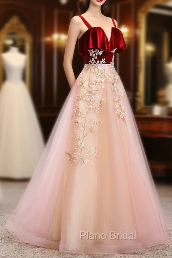 Cute Straps Velvet and Tulle Long Party Dresses, A-line Evening Gown