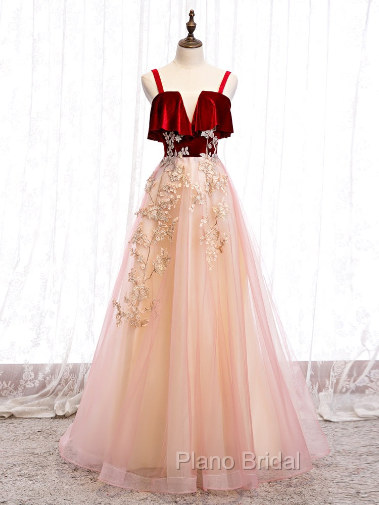 Cute Straps Velvet and Tulle Long Party Dresses, A-line Evening Gown Main image
