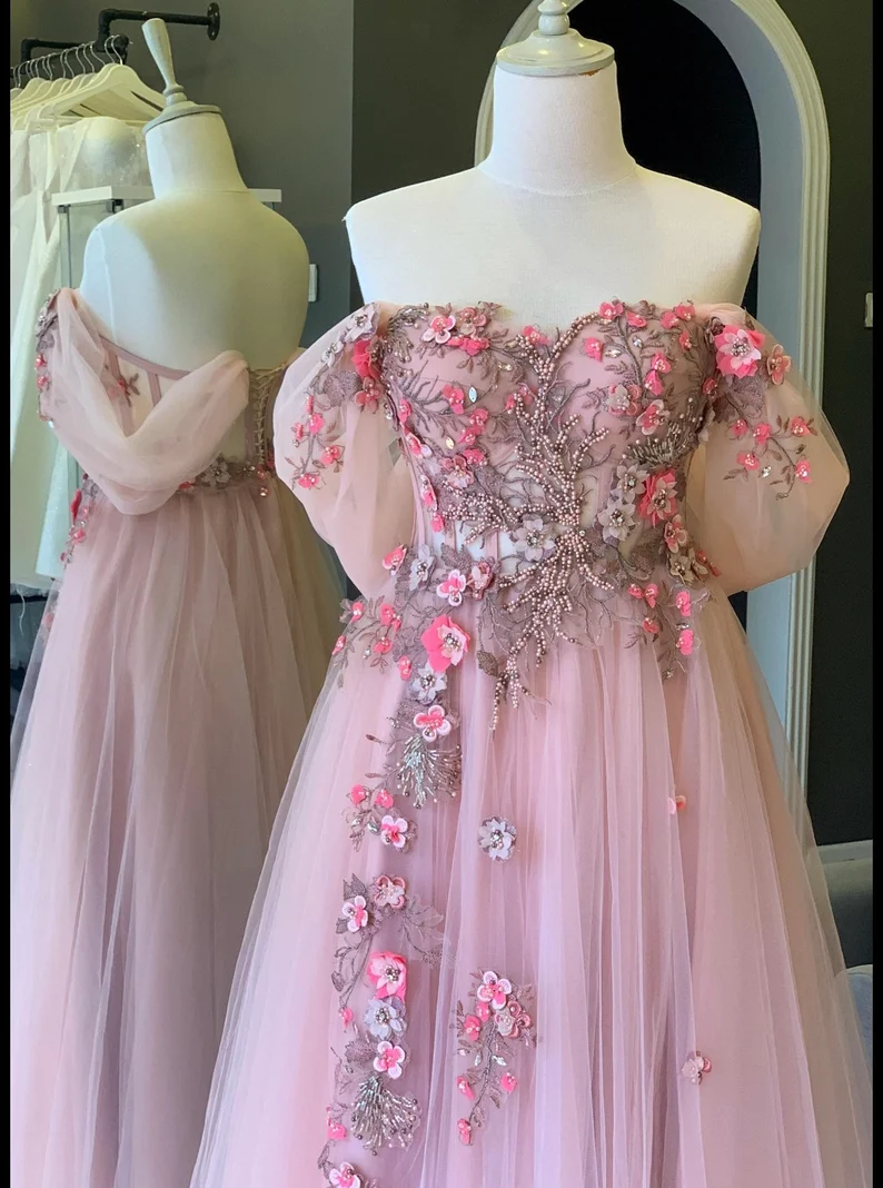Off The Shoulder Tulle Applique Long Formal Prom Dresses Fairy Formal Evening Dresses