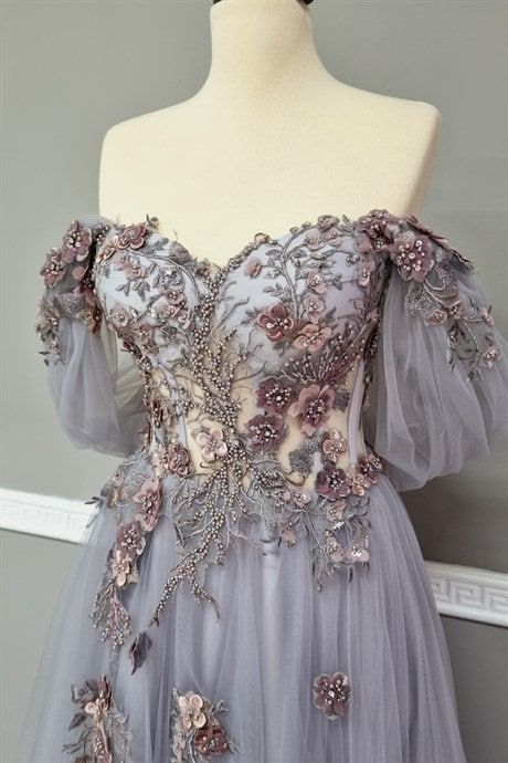 Off The Shoulder Tulle Applique Long Formal Prom Dresses Fairy Formal Evening Dresses Main image