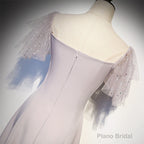 Cute Tea Length Off Shoulder Wedding Party Dress, Short Sleeves Formal Dresses