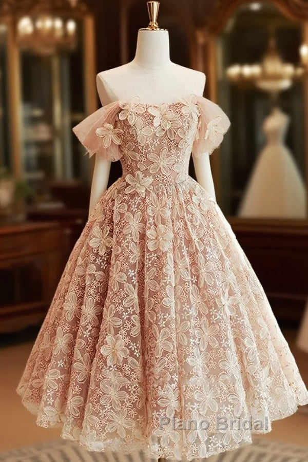 Cute Tulle Flower Short Formal Prom Dresses, Beautiful Off The Shoulder A-Line Evening Party Dresses Main image