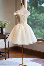Cute Tulle Lace Knee Length Formal Prom Dresses, Champagne Off the Shoulder Evening Party Dresses