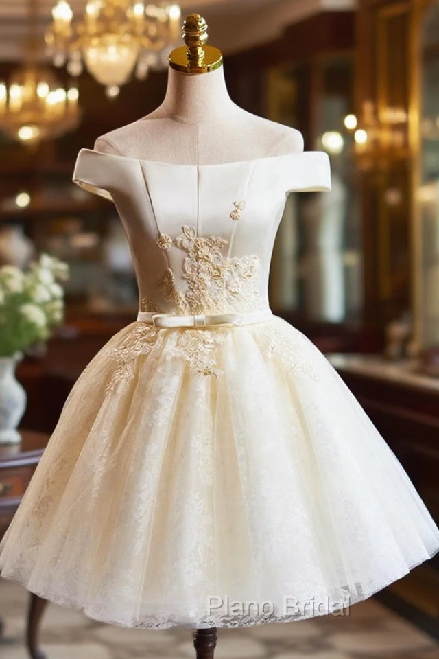 Cute Tulle Lace Knee Length Formal Prom Dresses, Champagne Off the Shoulder Evening Party Dresses Main image