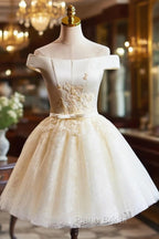 Cute Tulle Lace Knee Length Formal Prom Dresses, Champagne Off the Shoulder Evening Party Dresses