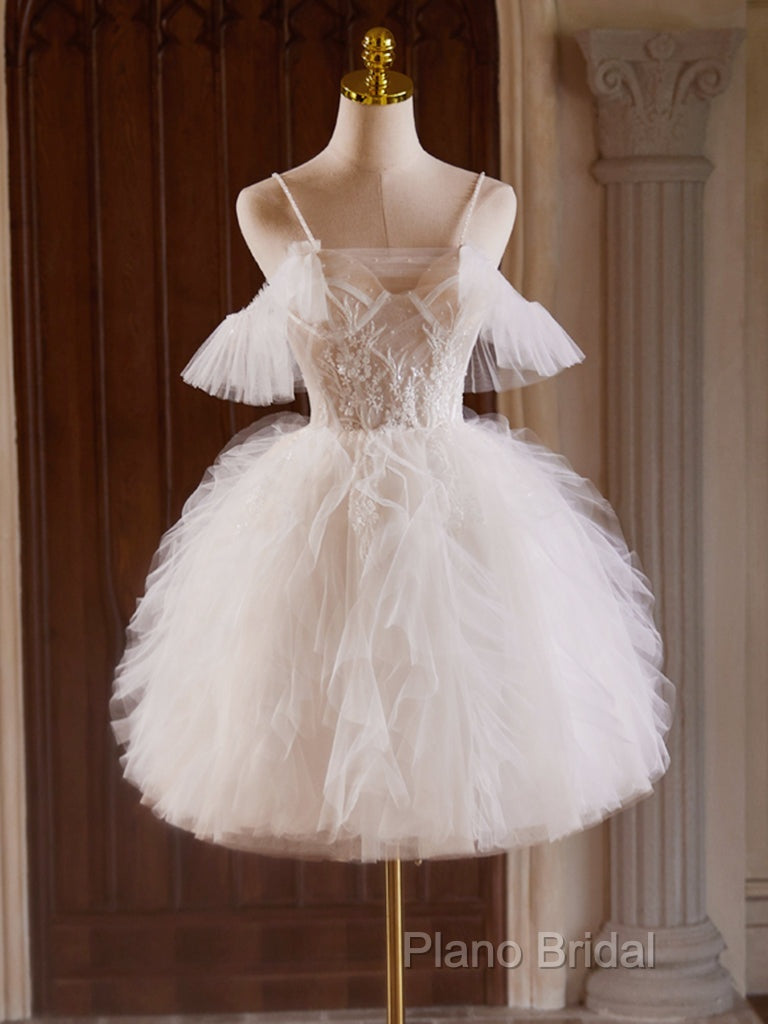 Cute Tulle Lace Light Champagne Short Formal Prom Dresses, Cut Homecoming Dresses