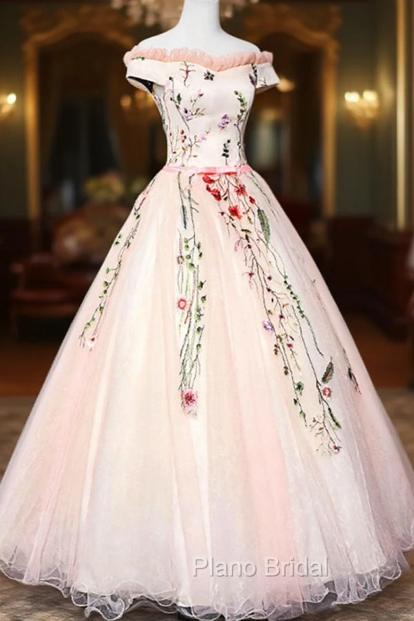 Cute Tulle Lace Long Formal Dresses, A-Line Off Shoulder Party Dresses