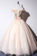 Cute Tulle Lace Long Formal Dresses, A-Line Off Shoulder Party Dresses
