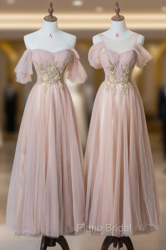 Cute Tulle Lace Tea Length Formal Prom Dresses, Pink A-Line Evening Party Dresses