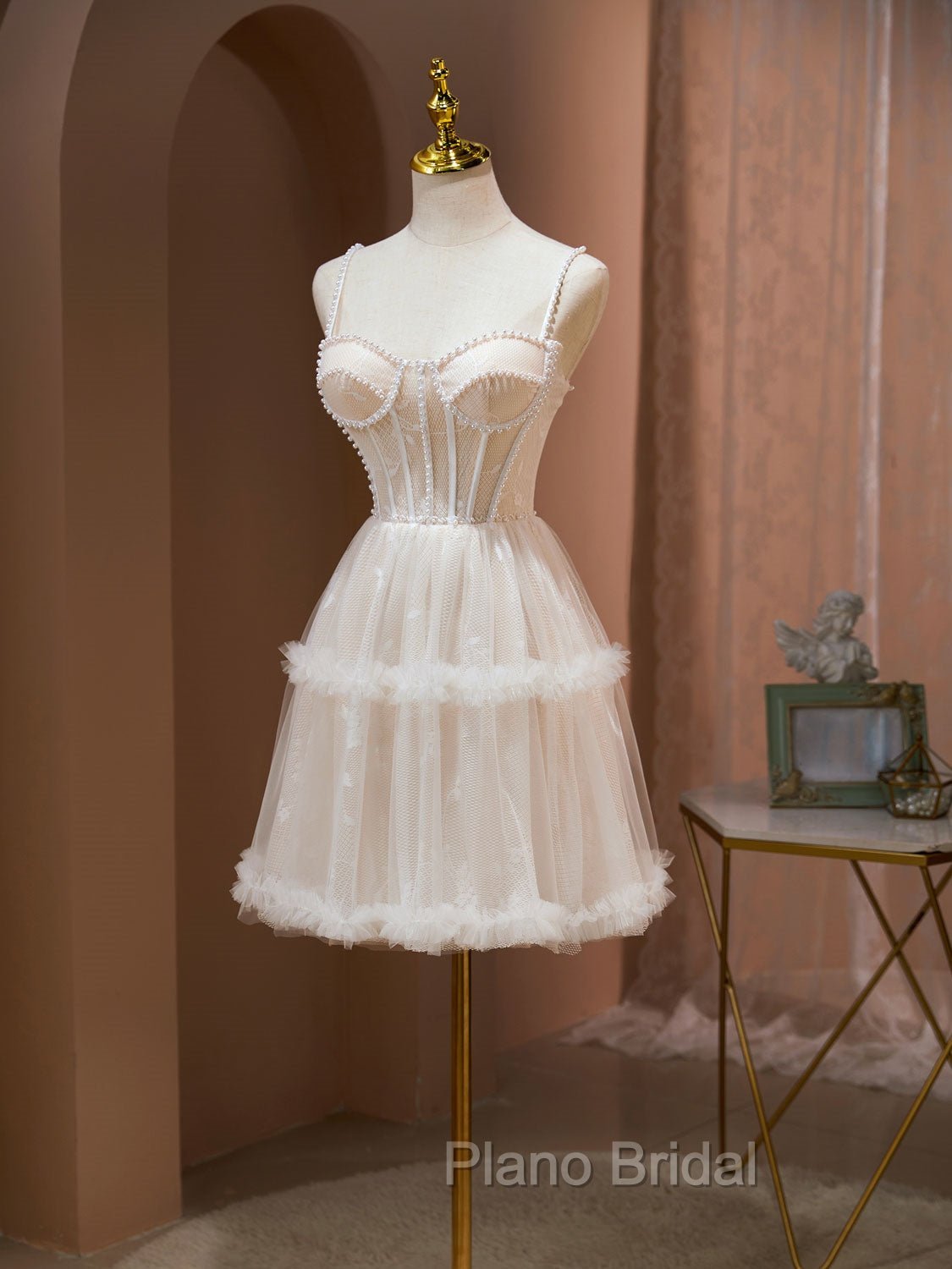 Cute Tulle Light Champagne Short Formal Prom Dresses, Lace Homecoming Dresses Secondary image
