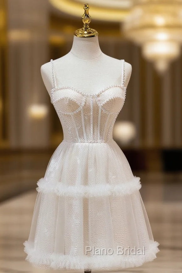 Cute Tulle Light Champagne Short Formal Prom Dresses, Lace Homecoming Dresses Main image