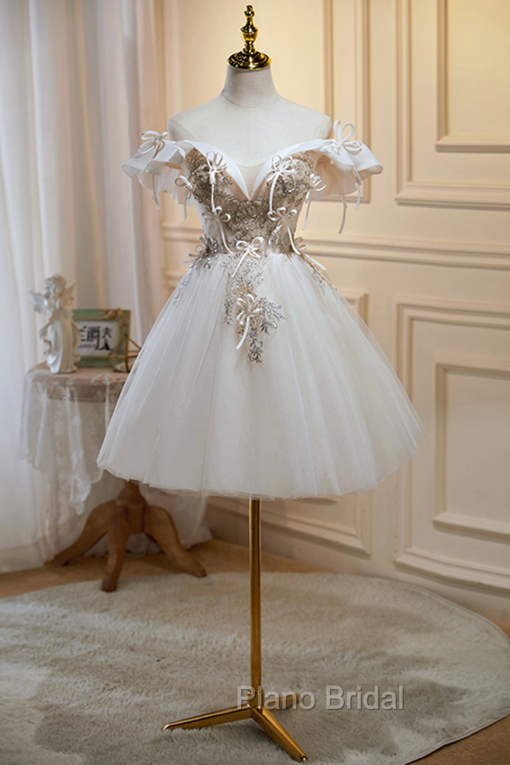 Cute Tulle Sequins Short Formal Prom Dresses, Light Champagne Off Shoulder Party Dresses