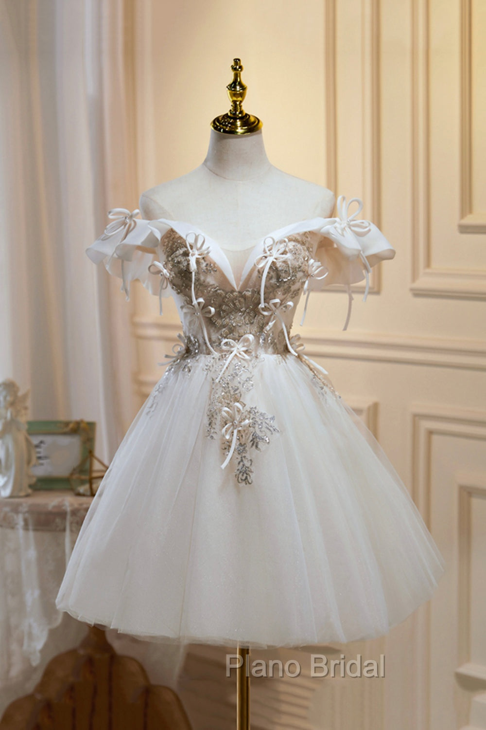 Cute Tulle Sequins Short Formal Prom Dresses, Light Champagne Off Shoulder Party Dresses Main image