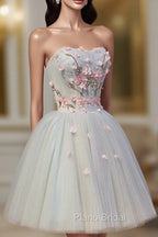 Cute Tulle Short Lace Applique Short Formal Prom Dresses, Tulle Puffy Homecoming Dresses