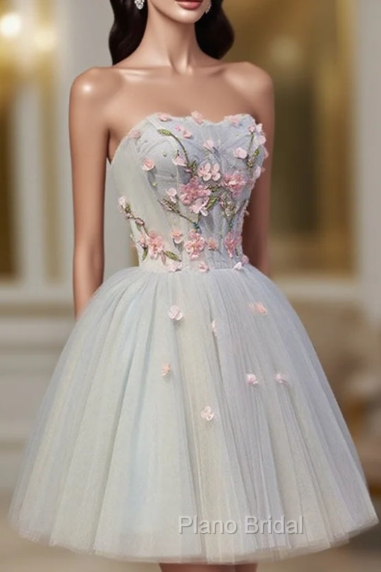 Cute Tulle Short Lace Applique Short Formal Prom Dresses, Tulle Puffy Homecoming Dresses