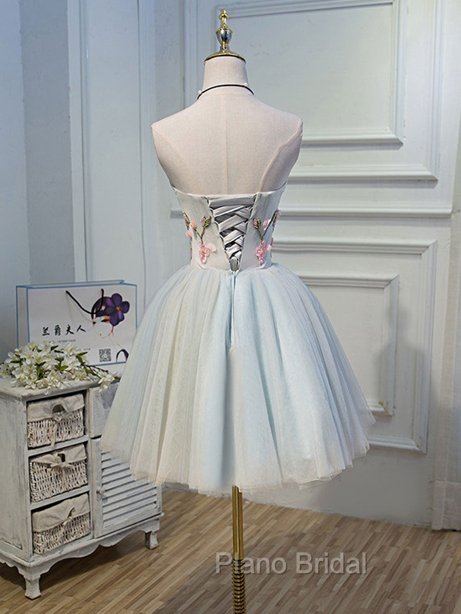 Cute Tulle Short Lace Applique Short Formal Prom Dresses, Tulle Puffy Homecoming Dresses